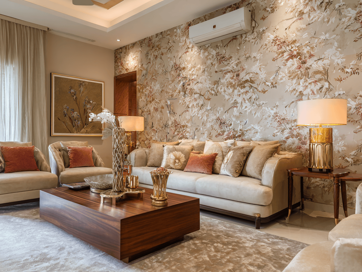 Elegant living room with textured wallpaper installation