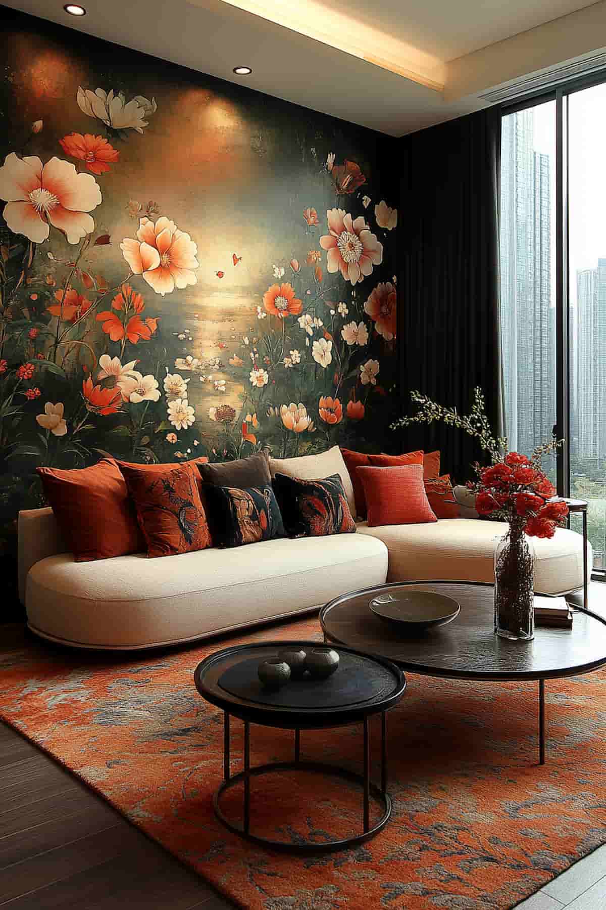 Dramatic floral accent wall wallpaper design