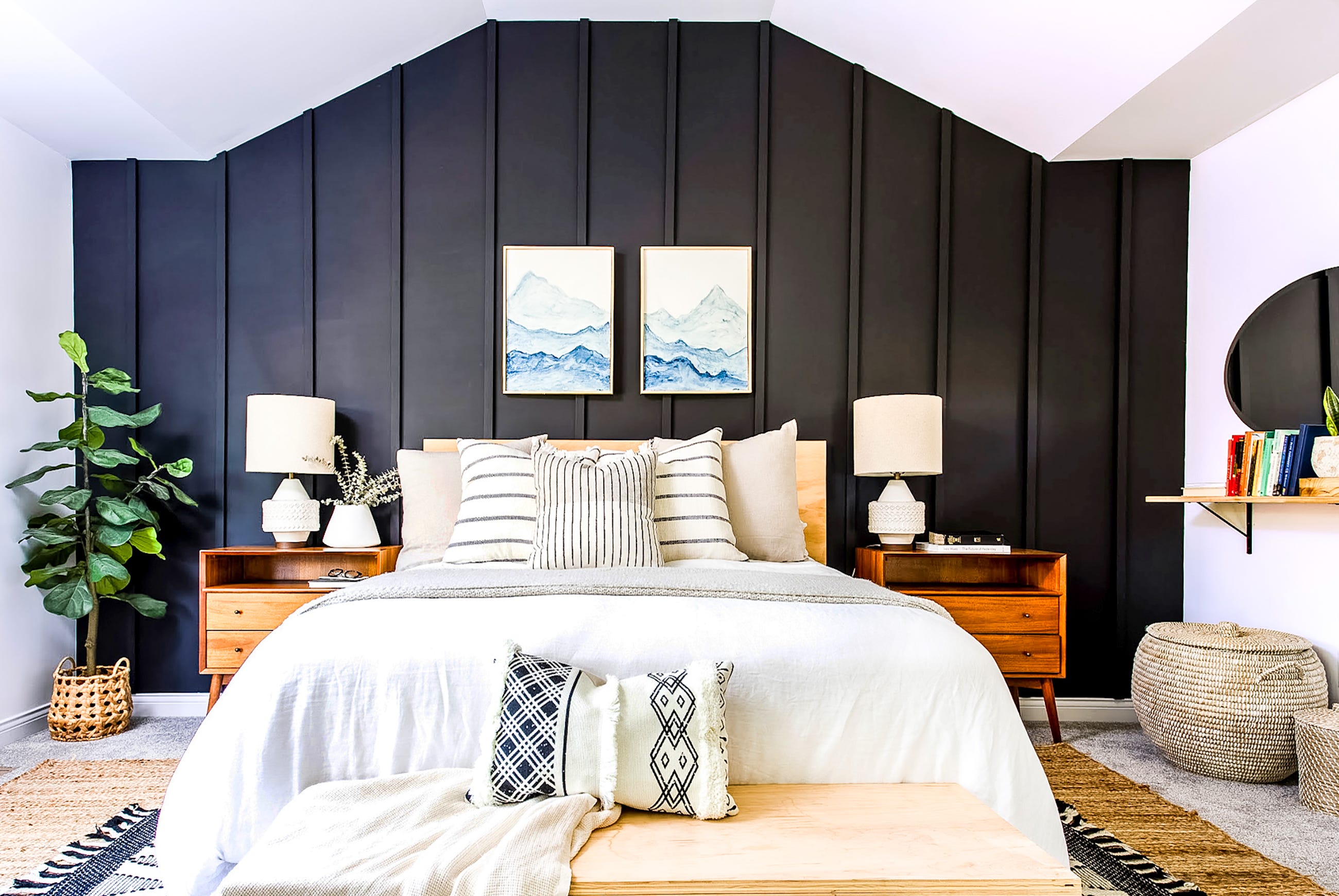 Stylish bedroom with wallpaper accent wall
